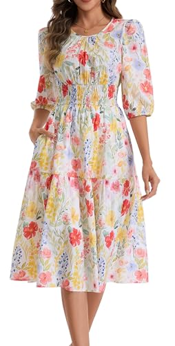 Image of Kormei Women Casual Boho Floral Round Neck 3 /4 Sleeve Smocked Waist Tiered A Line Flowy Swing Midi Dress Long Dresses