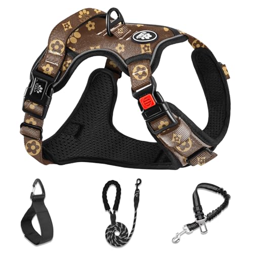 NESTROAD No Pull Dog Harness,Adjustable Oxford Dog Vest Harness with Leash,Reflective No-Choke Pet Harness with Easy Control Soft Handle for Medium Dogs(Medium,Dark Brown)