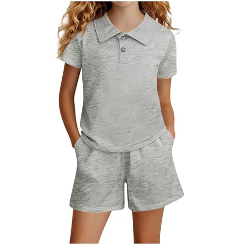Image of Flodxo Girls Boys Summer Tracksuit Set Casual Sports Activewear Short Sets Short Sleeve Polo Shirts with Shorts Set School Vacation 2 Piece Outfits Kids Teens Clothing Sets Grey 9-10Y
