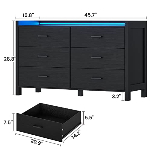 Ephex Dresser For Bedroom, 6 Drawer Double Dresser With Led Lights, Wood Chest Of Drawers, Modern Storage Dresser For Bedroom, Black #TOP1