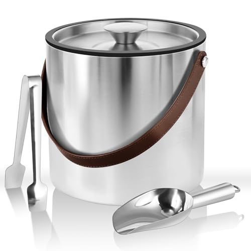 3L insulated ice bucket with lid, tongs, scoop & leather handle