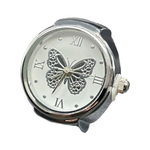 Retro Watch Rings Butterfly Round Quartz Analog Alloy Shells Finger Ring Watch