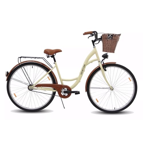 Goetze Eco Vintage City Bike - Bicicleta holandesa para mujer, estructura de acero, ruedas de aluminio de 28 pulgadas con freno de contrapedal, 1 marcha, sin desviador, cesta de mimbre