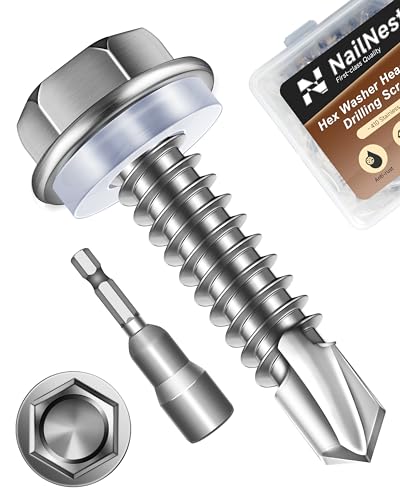 nailnest 50PCS #12 x 1 Self Drilling Screws, Self Tapping Screws for Metal, 410 Stainless Steel Hex Washer Head Sheet Metal Screw, Bright Finish with 8mm Hex Socket