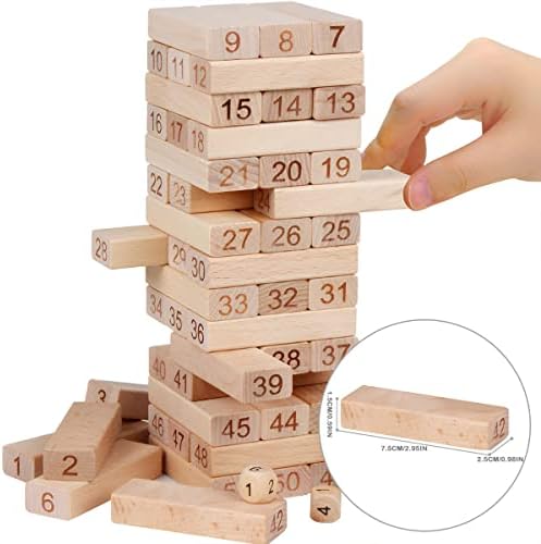 Wooden Stacking Building Blocks 51pcs Beechwood Stacking High Blocks with 4pcs Dice Educational Tumble Tower Toys for Kid Gift Indoor and Outdoor Party Multiplayer Board Games
