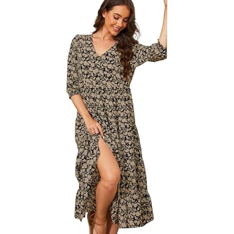 Beautiful Nomad Women's Casual V Neck Boho Dress Puff Sleeve High Waist Floral Smocked Flowy Ruffle Midi Dresses Cover