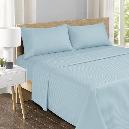 Image of Feather & Stitch 500 TC Split King Size Sheet Set, 5 piece Bed Sheets Set-2 Twin Fitted Sheet, 1 King Flat Sheet & 2 King Pillowcases, 18 inch Deep Pockets Sateen Weave Striped Bedsheet - (Aqua Stripe)