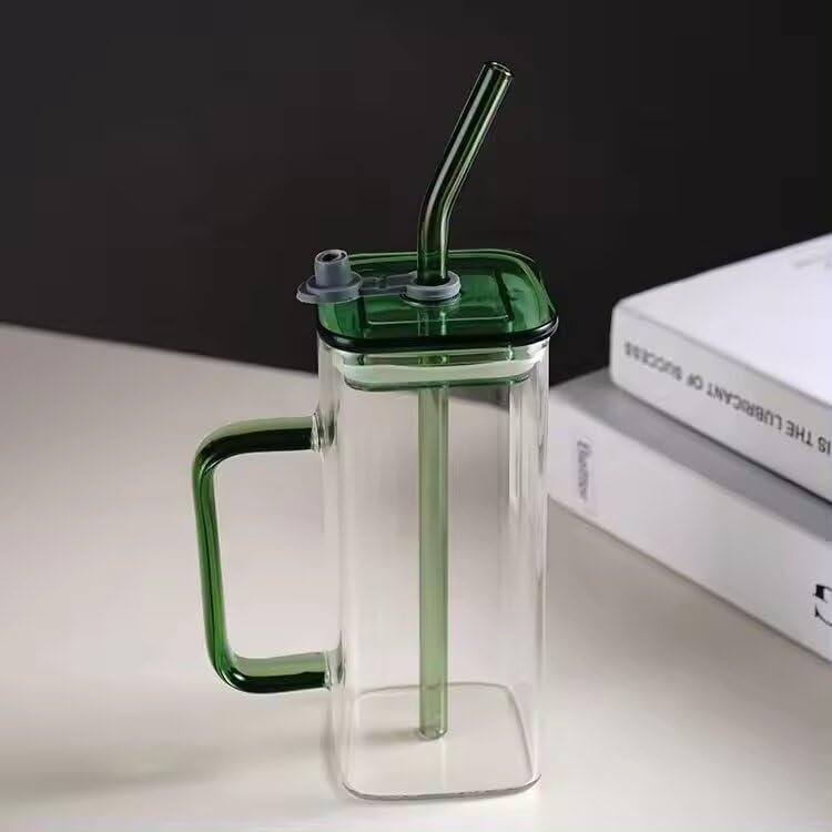 Image of ANKUL Random Clour Squre Glass Sipper Tumbler Tea Coffee Can with Acrylic Lid and Straw - 400ml - Pack of 1 - Fruit Milk Juice Cup Glass Straw (Square Mug, 1)