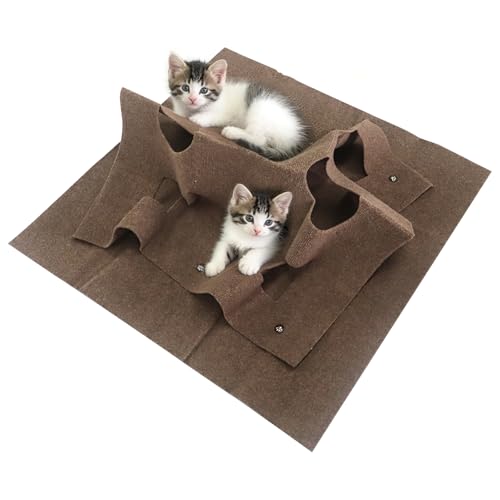 Buwico Premium Katzenteppich mit integriertem Tunnel, Interaktives Katzenspielzeug und Beschäftigungsset, 100x100cm Intelligenzspielzeug für Katzen, Trainingsmatte für Großkatzen & Kätzchen (Brown)
