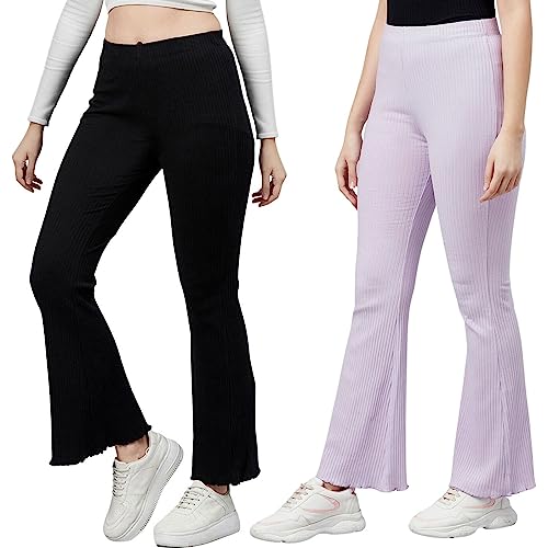 Image of BLINKIN Women's Stretch Fit Mid Rise Ribbed Stretchable Flared Pants | Boot Cut Bell Bottom Pants - Ideal for Yoga & Gym Wear,Casual Wear & Office Wear Trousers