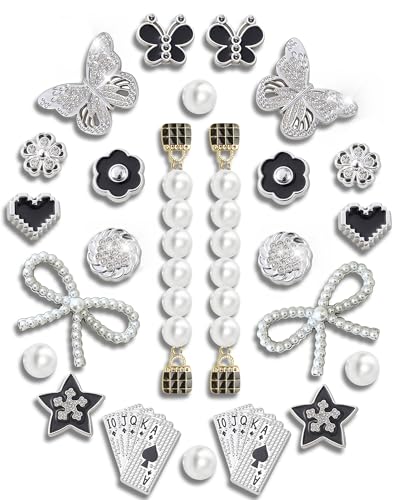 SIICCOMTT Lovely Shoes Charms Set 24pcs - Dark Sweet Cool Luxury Aesthetic (Butterfly, Pearl, Chessboard & Poker Elements) for Stylish Footwear Decoration
