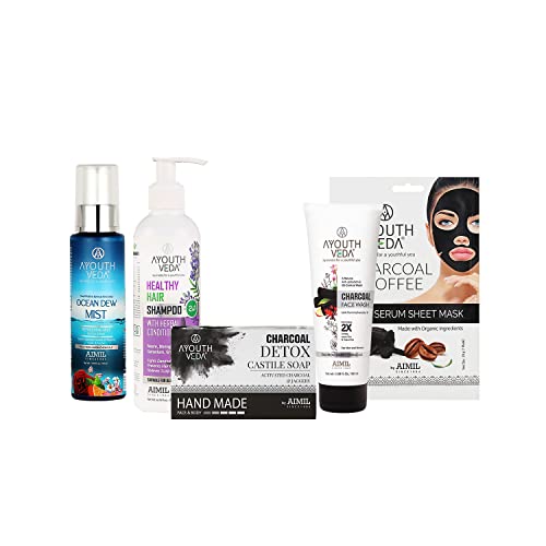 Ayouthveda Premium Body Care Products With Luxury Gift Pack | With Charcoal Face Wash 100ml, Charcoal Detox Soap 110gm, Ocean Dew Mist 100ml, Charcoal Serum Sheet Mask 20gm & Healthy Hair Shampoo 200ml | Gift Set for Deep Body Cleaning