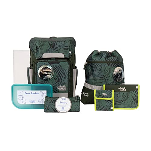 SCHOOL-MOOD - Softbag Schulranzen Set Dinosaurier, 8-teilig - Rebel Air+ - ergonomischer Schultasche Jungen & Mädchen - Schulrucksack für Kinder in der 1. bis 4. Klasse - Daniel (Dinosaurier)