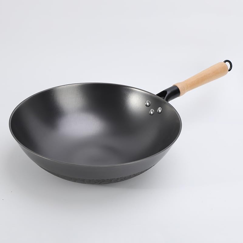 Chinese Non-Stick Lid Wok, Cast Iron Wok Without Coating with Wooden Handle & Lid for All Electric & Gas Induction Cookers,34cm (30cm)