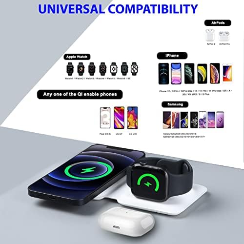 Wireless Charger, BAMEEY Mag-Safe Duo Charger, Foldable Duo Wireless Charging Pad, Portable 2 in 1 Foldable Charging Dock for Samsung S22/S21 & Iphone 14/13/12, iWatch7/6/5/4/3/2 Airpods2/3/Pro(White)