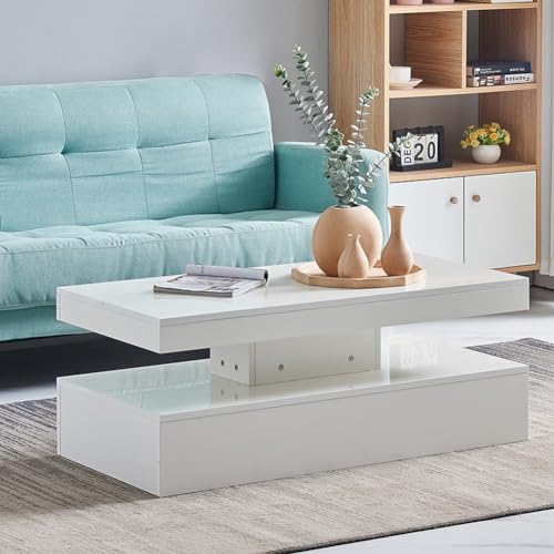 JYMTOM Mesa de centro de alto brillo, moderna, rectangular, con bandeja de almacenamiento, mesa de té central para sala de estar, color blanco
