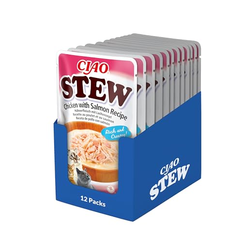 Ciao Stew by INABA Wet Cat Food - Chicken with Salmon - 12 Packs (480g total) / Moist Treat, Delicious & Healthy Snack, Food Topper, Side Dish, Complement, Natural, Grain Free, Wet Cat Food