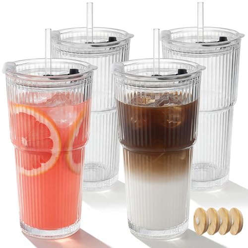 Ruckae 20oz Reusable Ribbed Glass Tumbler Set – 2 Pack Leakproof Glass Cups with Bamboo Lids,Thickened Glass– Aesthetic Iced Coffee Glasses for Home, Office, Travel, and Gifts (4, Transparent)