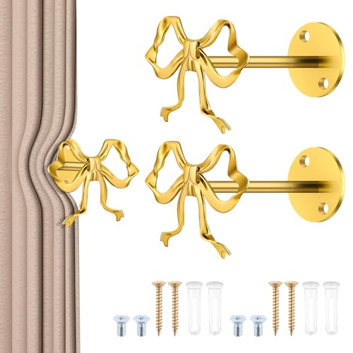 2 Pack Metal Bow Curtain Tiebacks, Gold Wall Mounted Curtain Holdbacks Bow Modern Decorative Drapery Pull Back Hooks with Screws Accessories for Girls Bedroom Living Room Home Office Decor