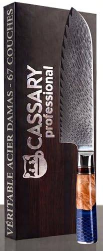 Cassary Couteau Santoku en Acier Damas 67 Couches Couteau Japonais de Cuisine Professionnel idéal pour tout Chef Couteaux Super Tranchant Avec Poignée Ergonomique et de Haute Qualité