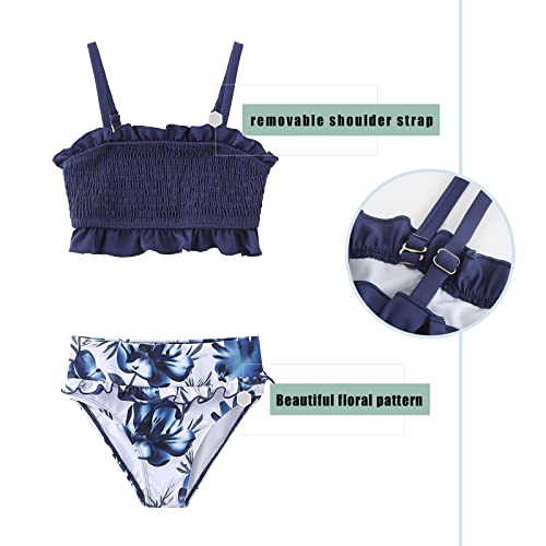 Girls Two Piece Bathing Suit Bikini Swimsuits Kids Floral Swimwear Set Navy Size 8 Years3
