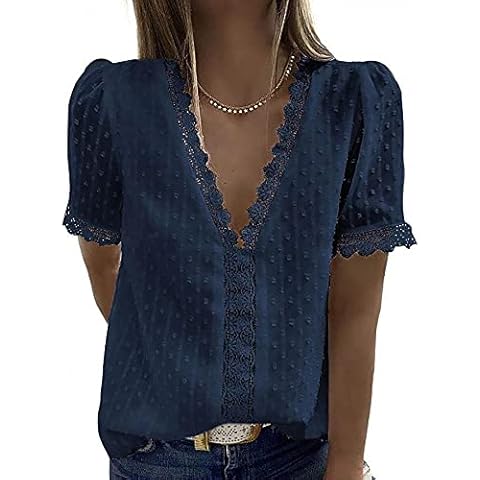 WXDSNH T-Shirt Women Lace Jacquard Short Sleeve Casual Solid Color V-Neck Shirt Dark Blue Cover