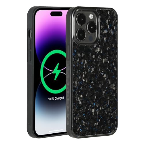 molzar Grip Series for iPhone 14 Pro Max Case with Real Forged Carbon Fiber, Grippy Edges Design, Built-in Magnets, Compatible with MagSafe Chargers and Accessories, Glossy Black/Blue