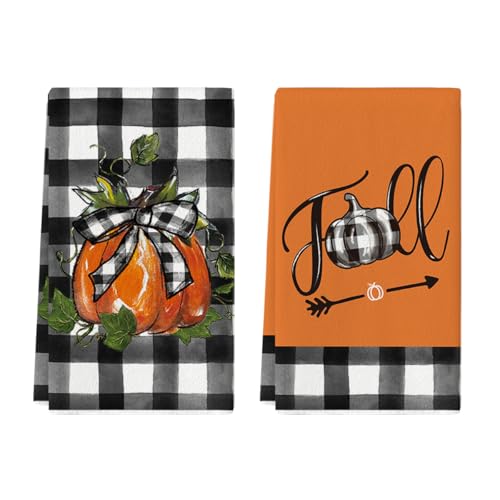 Artoid Mode Buffalo Plaid Bow Arrow Pumpkin Fall Kitchen Towels Dish Towels, 18x26 Inch Farmhouse Decoration Hand Towels Set of 2