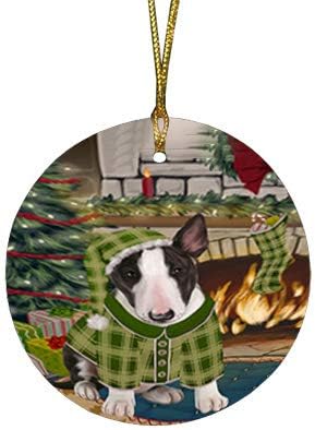 Summertime Tropical Island Beach Bull Terrier Dog Round Flat Ornament - Pet Decorative Hanging Ornaments for Christmas X-mas Tree Decorations - 2.75" Round Flat Ceramic Christmas Ornament POR1635