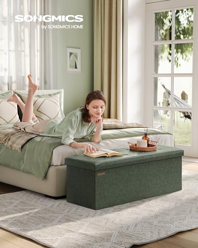Image of SONGMICS Mazie Collection - 43 Inches Folding Storage Ottoman Bench, Ottoman with Storage, Foot Rest Stool, Load 660 lb, for Living Room, Synthetic Leather, Forest Green ULSF070C01
