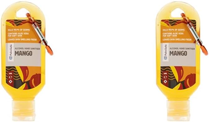Palm Safe Mango 60ml Anti Bacterial Premium Hand Sanitiser Travel Size Refillable Clip Bottle Quick Drying Non Sticky Extra Moisturising Kills 99.9% of Viruses and Bacteria (Pack of 2)