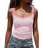 Cioatin Women Cute Y2K Lace Patchwork Striped Bow Crop Cami Tops Sleeveless Tight Fit Preppy Aesthetic Tank Going Out Pink