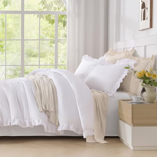 Andency White Comforter Queen Size, 3 Pieces Ruffle Shabby Chic Farmhouse Queen Comforter Sets, All Season Lightweight Fluffy Room Decor Bed Set for Girls Women Teens Gift Choice by Andency - Image 6
