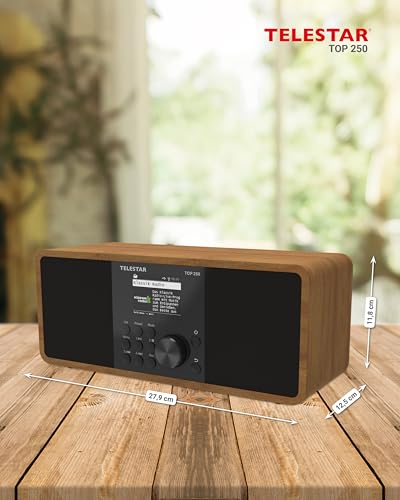 TELESTAR TOP 250 – DAB+/Internetradio (Stereo, 2 × 10 Watt, Bluetooth Audio-Streaming & Sendefunktion, USB-Aufnahme, Notfallwarnsystem, App-Steuerung) – Holz