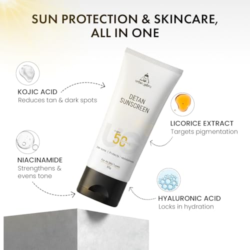 Image of Urbangabru Detan Sunscreen SPF 50 PA++++ for Men | For Oily, Dry & All Skin Types | No White Cast, Lightweight & Non-Sticky | De-Tan & Brightening Face Cream with Niacinamide & Kojic Acid | UVA /UVB Protection | 50g