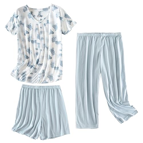 PNAEONG Women’s Pajama Set - Sleepwear Tops with Capri Pants Casual and Fun Prints Pajama Sets SY215-3pcs Grey Bear-2XL