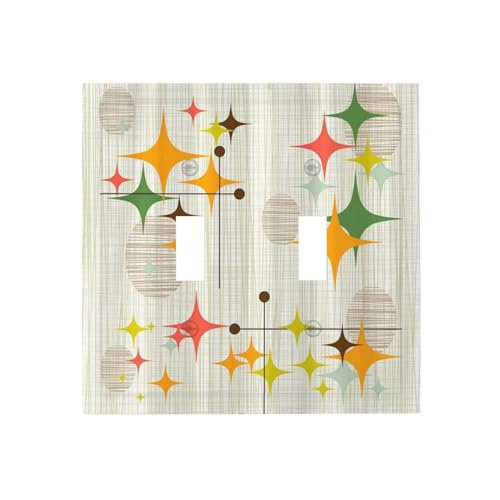 Xuejiaku Decorative Switch Plate Covers Mid Century Modern Retro Stars 2 Gang Wall Plate Double Toggle Light Switch Cover Plate Electric Dual Device Electrical Faceplate for Bedroom Decor