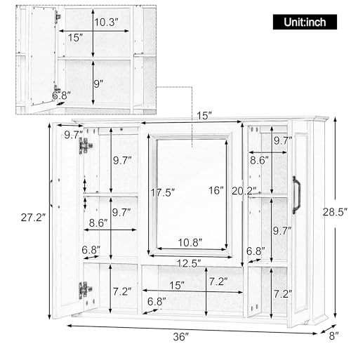 36x28 Inch Medicine Cabinet with Mirror, Wall-Mounted Wood Bathroom Storage Cabinet with Adjustable Shelf and 3 Doors for Laundry Kitchen, White by Merax - Used condition - Image 3