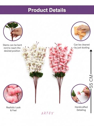 Image of ARTSY Artificial Flowers Bunch for Decoration Cherry Blossom, Ideal for vase, Home, Office Decor, Gifts, Craft, Artificial Plants for Decoration, Without vase, White Pink, Combo, 2 Pieces, Polyester