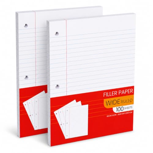 Notebook Paper Wide Ruled, Loose Leaf Paper Wide Ruled Notebook Paper Bulk, Lined Filler Paper for 3 Ring Binders - 10.5” X 8", for Student, College, School Classroom - 100 Sheets/Pack (2 Pack)