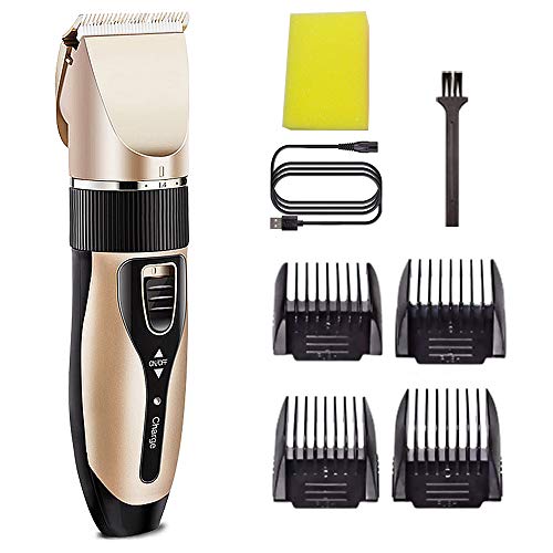 Professional Hair Clippers, Hair Cutting Machine for Men/Kids/Baby/Barber Grooming Cutter Kit, Waterproof Haircut Trimmer Set, USB Rechargeable with 4 Guide Combs Brush Sponge (Gold)