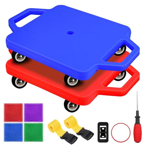 2 Pcs Sports Scooter Board with Handles，Sitting Scooter Board for Kids Children Gym Indoor Outdoor Activities，Equipped with Various Skateboard Accessories(Red,Blue)