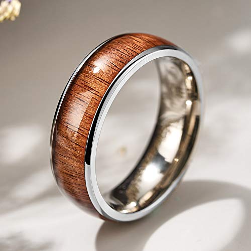 THREE KEYS JEWELRY 8mm Titanium Wedding Band Engagement Ring Silver with Real Santos Rosewood Wood Inlay Comfort Fit Size 12 - Thumbnail 3
