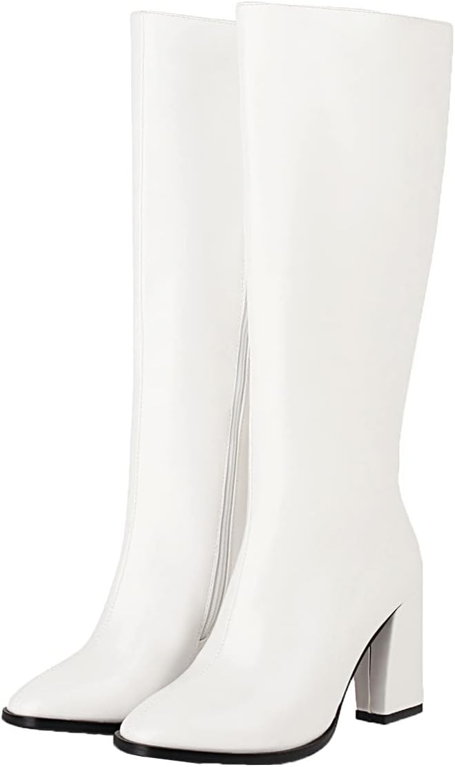 Betastella Women's Chunky Heeled Knee High Boots Side Zipper Pointed Toe Block Heels Boot
