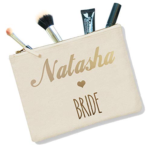 Image of Personalised "Bride" Heart Golden Font Make Up Bag, Cosmetics Bag, Accessory Pouch, Bags and Purses, Makeup & Brush Bag, Gift for Girls, Teenager Girls, Friends, BFFs, Sister Daughters