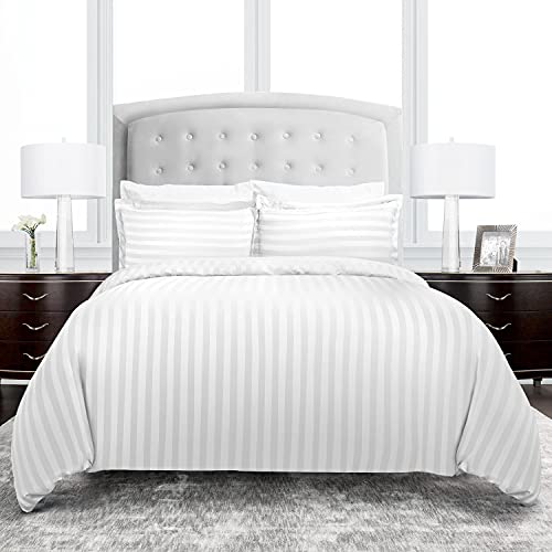 TW Premier Hotel Duvet Cover Stripe 240x260cm King Size 6 Pcs Set, 1 Duvet Cover 260x240cm (Without Filling), 1 Fitted Bed Sheet 200x200+30cm, 2 Pillow Cases 50x75+5cm, 2 Pillow Cases 50x75cm (White)