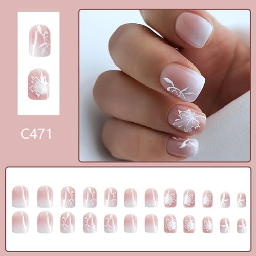 Image of Short Square Nail Press ons Pink White Fake Nails French Tip Glue on Nails with Ombre Design Glossy Reusable Artificial Acrylic Full Cover Maple Leaf Stick on Nails for Women Manicure 24Pcs