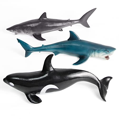 Recur Orca Whale Shark Toys 3Pcs 15" - Large Sea Animals Action Figure Killer Whale Realistic Sharks Figurine, Rubber Like Pvc 1:20 Replica Ocean World Bath Toys Gift For Kids Boys Ages 3+ #TOP1