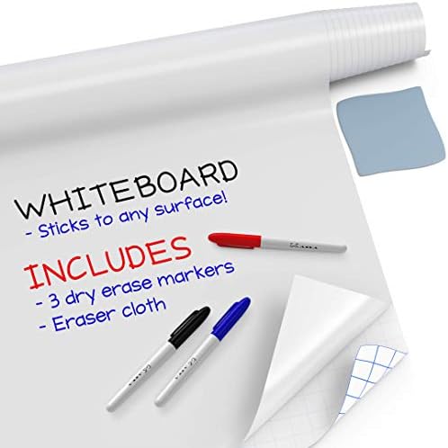 Kassa Reusable & Removable White Board Wallpaper | 17.3" Wide x 96" Long Self Adhesive Dry Erase Contact Paper | 3 Markers & Eraser Cloth Included | for Home, Office, School & Kids Art & Decoration