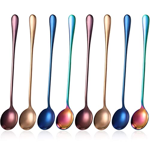 8 Pieces Long Handle Tea Spoon Stainless Steel Coffee Mixing Spoons Teaspoon For Mixing, Cocktail Stirring, Coffee, Milkshake, Cold Drink, 7.48 Inch (Round Style) #TOP6
